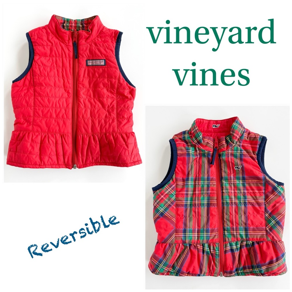 Vineyard Vines Toddler Girls Reversible Vest Red Plaid Puffer 3T Whale Logo